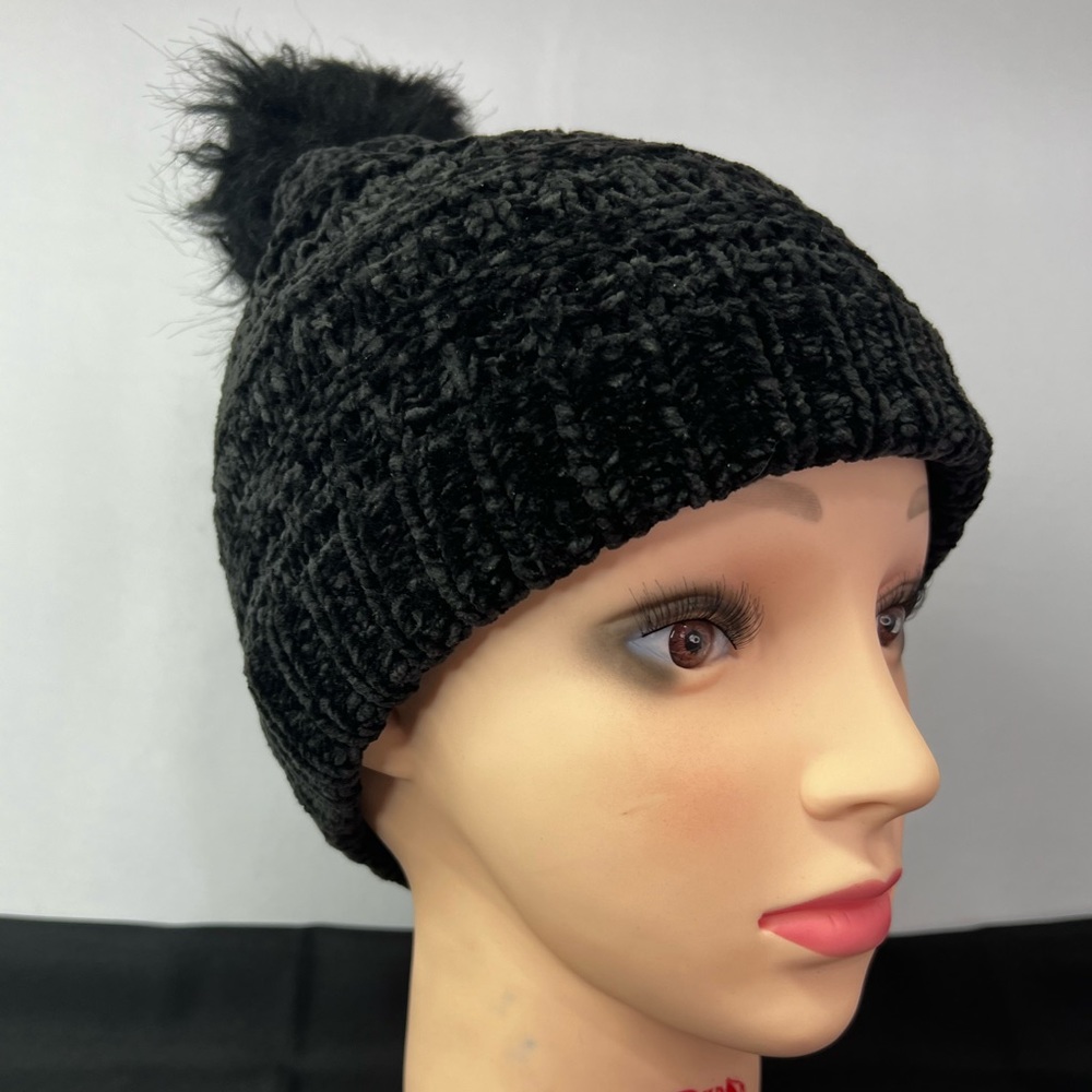 Black very soft knitted hat for women.